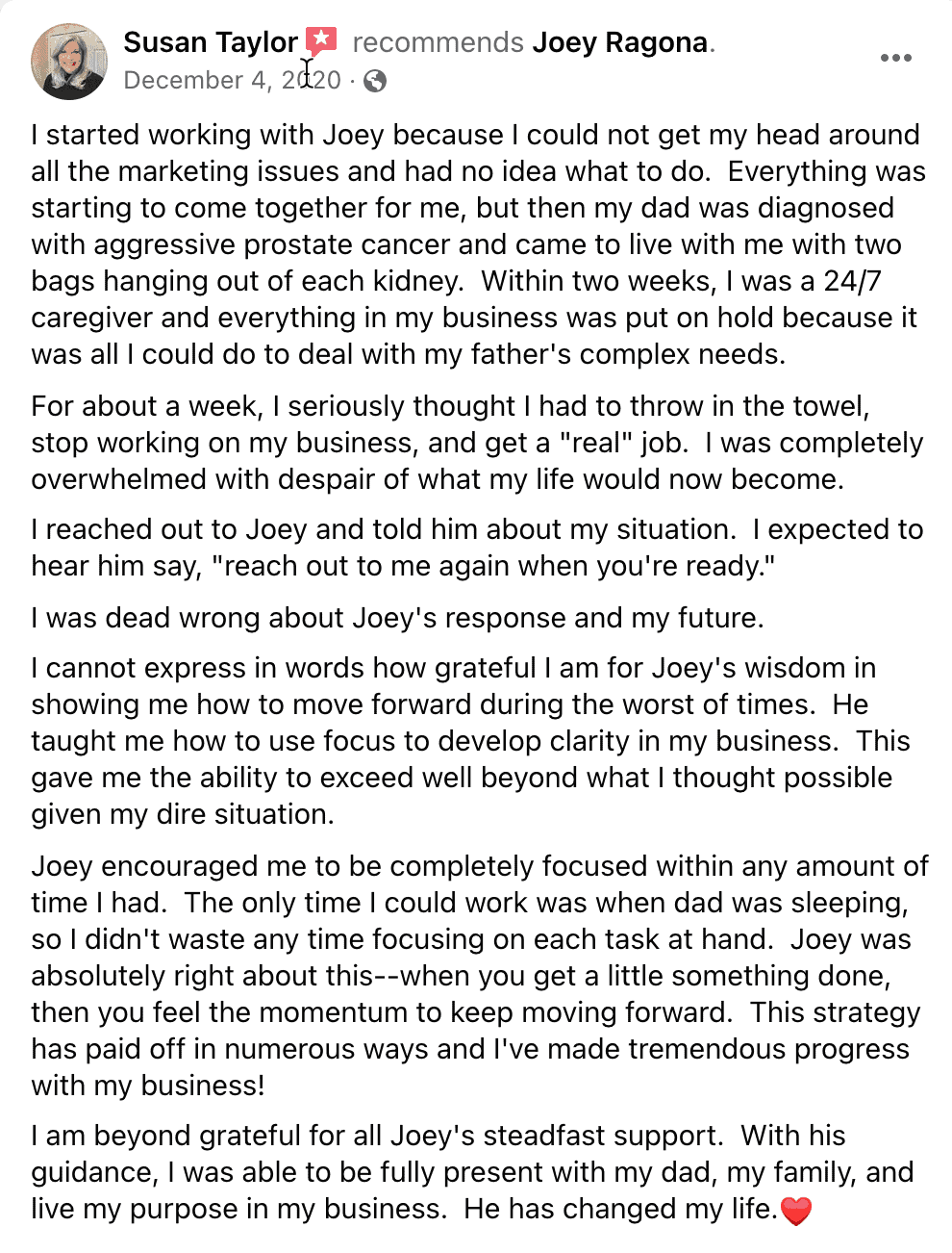 Susan Taylor testimonial